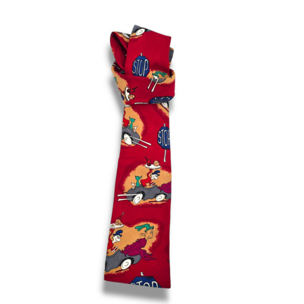 Dr. Seuss Green Eggs And Ham Purple Car‎ Stop Sign On Red Silk Neck Tie